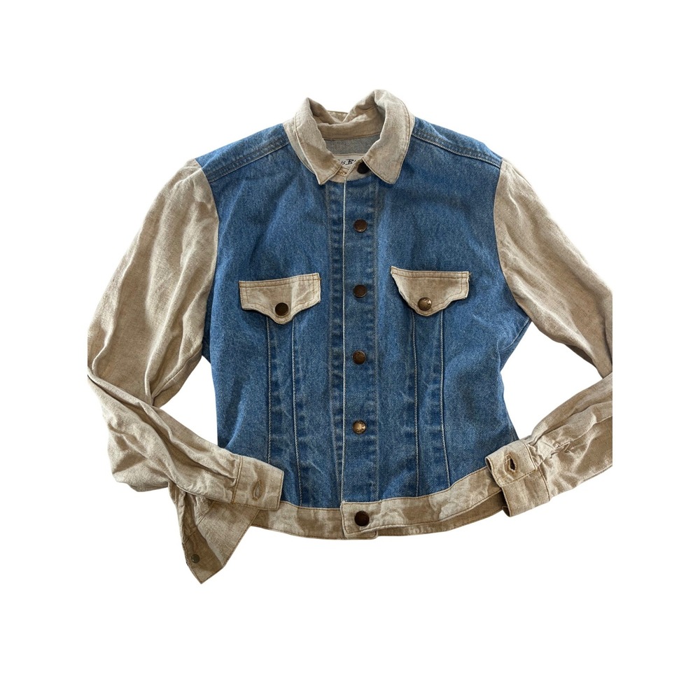 Paris Blues Womens Denim Linen Blend Jacket Blue Tan Colorblock Medium USA Made